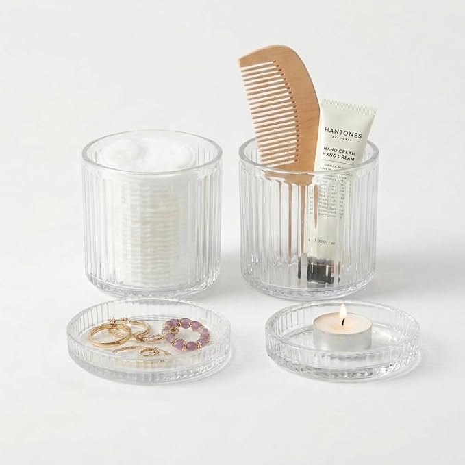 SheeChung 2-Pack Ribbed Glass Apothecary Jars - Clear Qtip Holder Dispenser Set - Vintage Bathroom Vanity Organizer for Cotton Swabs, Balls, Pads, Floss Picks - Modern Farmhouse Decor