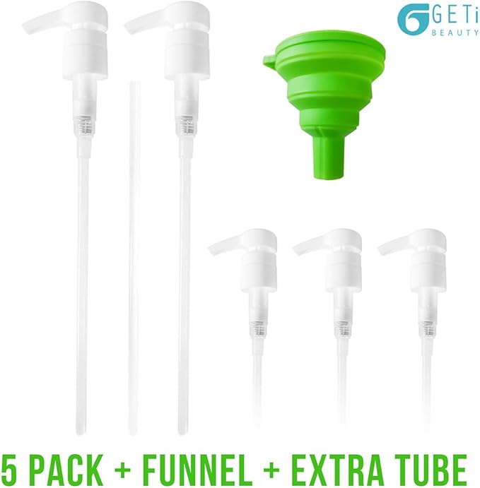 5-Pack Liter 33.8 oz Shampoo Conditioner Pump Dispenser and Funnel | Fits Most Liter Professional Brand Shampoo and Conditioner Containers with a 1-inch Opening | White | 4cc Output | by Geti Beauty