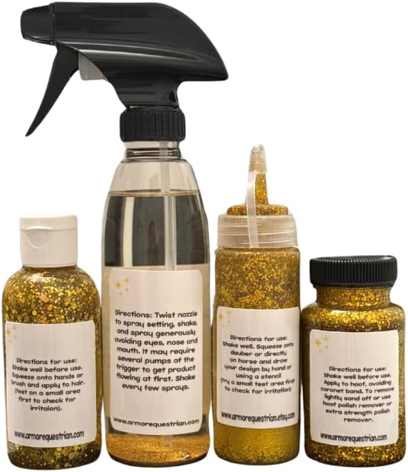 Horse Gallop Glitter Gift Set, 4 Items - Hoof Polish, Body Glitter, Mane and Tail Gel, Shimmer Body Spray (Gold)