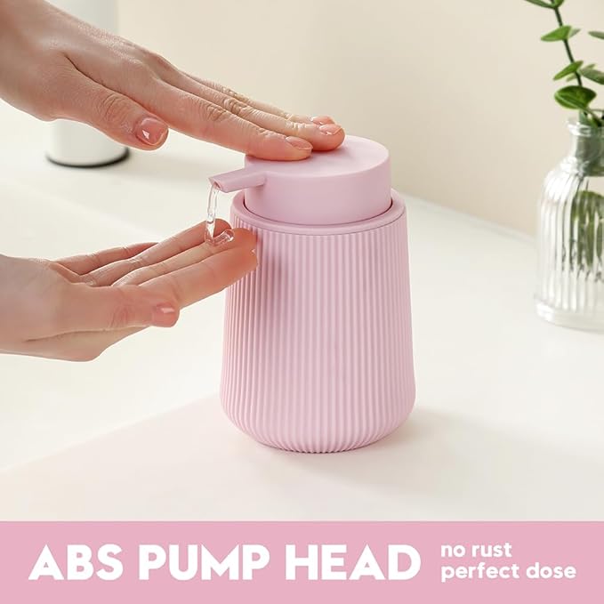 Striped Liquid Hand Soap Dispenser with Leak-Proof Pump for Bathroom and Kitchen Countertop 11 oz Pink