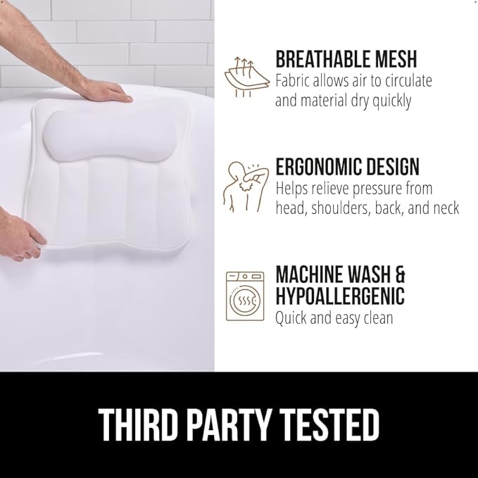 GORILLA GRIP Bath Pillow for Tub, Strong Suction Cups, Headrest with Mesh FlexComfort Technology, Neck, Head and Back Support, Luxury Machine Wash Bathtub Pillows, Spa Essential Accessories, White
