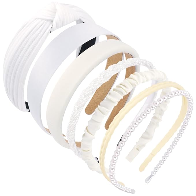 AHONEY 7 Pack White Headbands for Women Girls Headband Non Slip Hairbands Cute Hair Accessories Multi-style Headband Pack Wedding Head Band (White)
