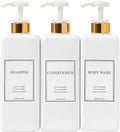 Modern Gold Design Shampoo and Conditioner Dispenser, Large 27oz Shower Soap Dispenser, Set of 3 Refillable Empty Plastic Pump Bottles for Bathroom and Body Wash (6 Waterproof Labels Included), White