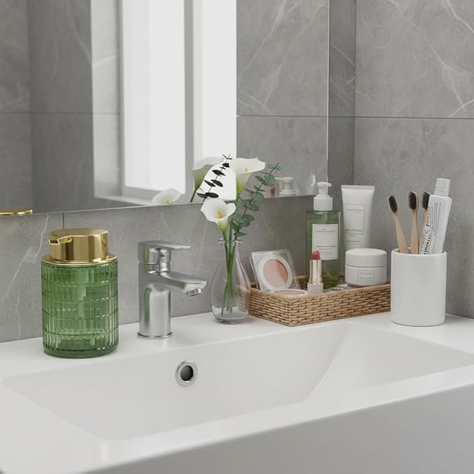 2pcs Green Foaming Soap Dispenser, Glass Foam Hand Soap Dispenser with Gold Pump, 10 Oz Bathroom Refillable Liquid Lotion Pump Ribbed Bottle Container for Countertop Decor