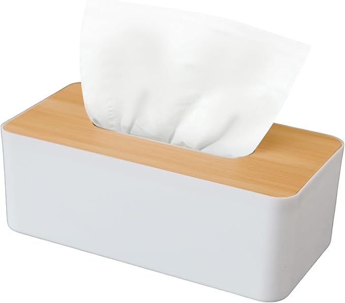 Tissue Box Cover, Rectangle Tissue Box Holder with Bamboo Cover Plate for Bathroom Bedroom, Decorative Tissue Box Covers for Home Decor Office, White