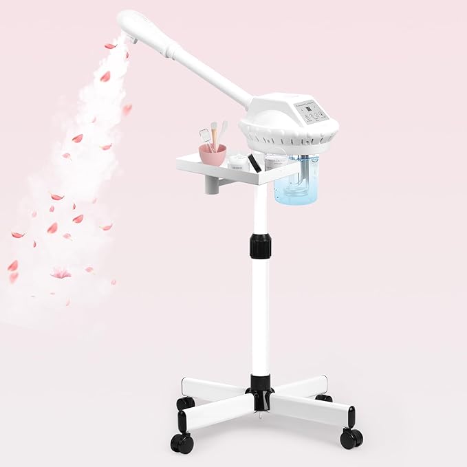 Facial Steamer Professional, Facial Steamer on Wheels with Storage Platform, Face Steamer with More Steam for Deep Cleansing and Hydration, Estheticians Steamer for Beauty, Spa and Home Use（White）