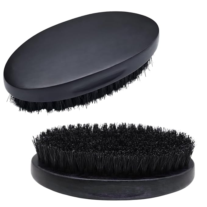 Beard Brush for Men, Natural Boar Bristles, Black Oval Wave Brush, Warp Resistant Wood Handle, for Fuller Thicker Hair, Beard & Mustache Growth, Exfoliation (Black)