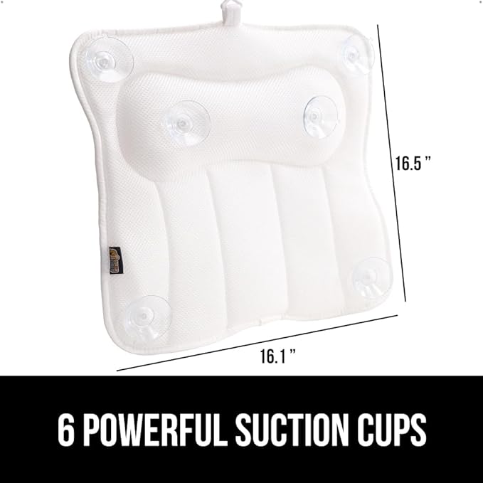 GORILLA GRIP Bath Pillow for Tub, Strong Suction Cups, Headrest with Mesh FlexComfort Technology, Neck, Head and Back Support, Luxury Machine Wash Bathtub Pillows, Spa Essential Accessories, White