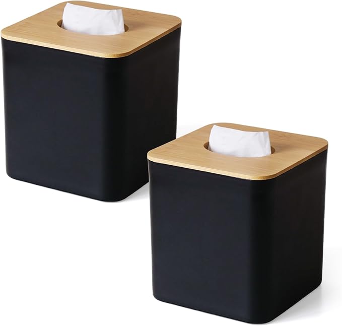2 Pack Tissue Box Cover Square, Black Tissue Box Holder with Bamboo Cover Plate, Cube Decorative Tissue Box Cover Tissue Holders for Bathrooms
