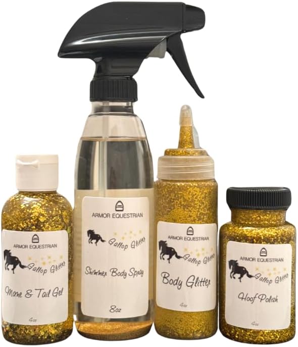 Horse Gallop Glitter Gift Set, 4 Items - Hoof Polish, Body Glitter, Mane and Tail Gel, Shimmer Body Spray (Gold)