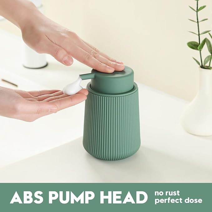 Striped Foaming Hand Soap Dispenser with Leak-Proof Pump for Bathroom and Kitchen Countertop 11oz Sage Green