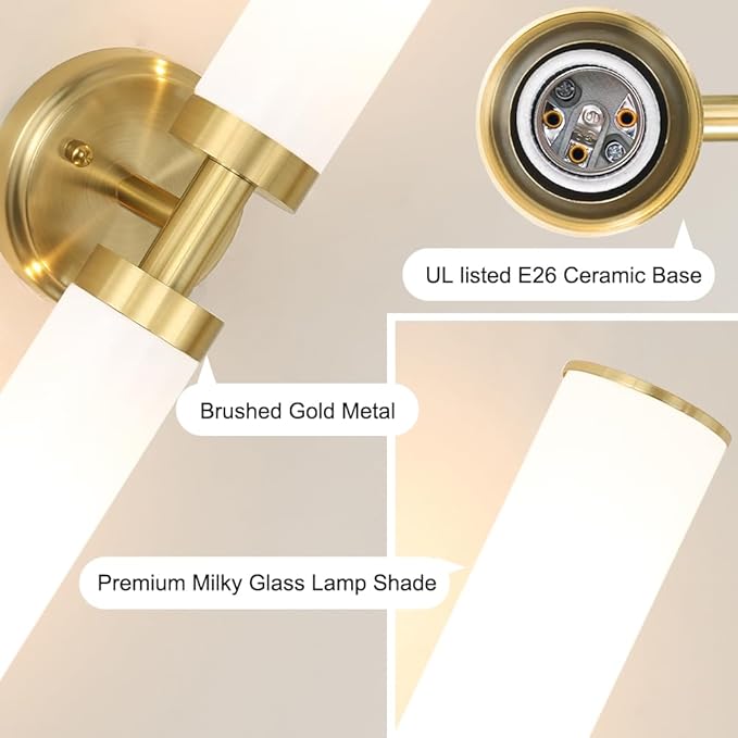 Antique Gold Wall Sconces Set of 2, Modern Bathroom Vanity Lights for Mirror, Wall Light Fixtures with Milk Glass for Bathroom, Bedroom, Hallway, E26 Base, Bulbs Required, 22.05 Inch