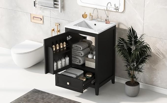 Bellemave 20-inch Solid Wood Bathroom Vanity with Sink, Free Standing Cabinet, Soft Closing Door, Storage Rack, Drawer, Black