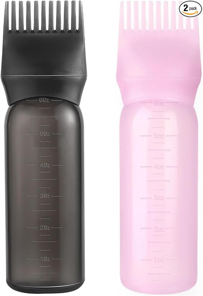 2 Pack Root Comb Applicator Bottle Oil Applicator for Hair Dye Hair Oiling Bottle with Graduated Scale, 6 Ounce (Black & Pink)