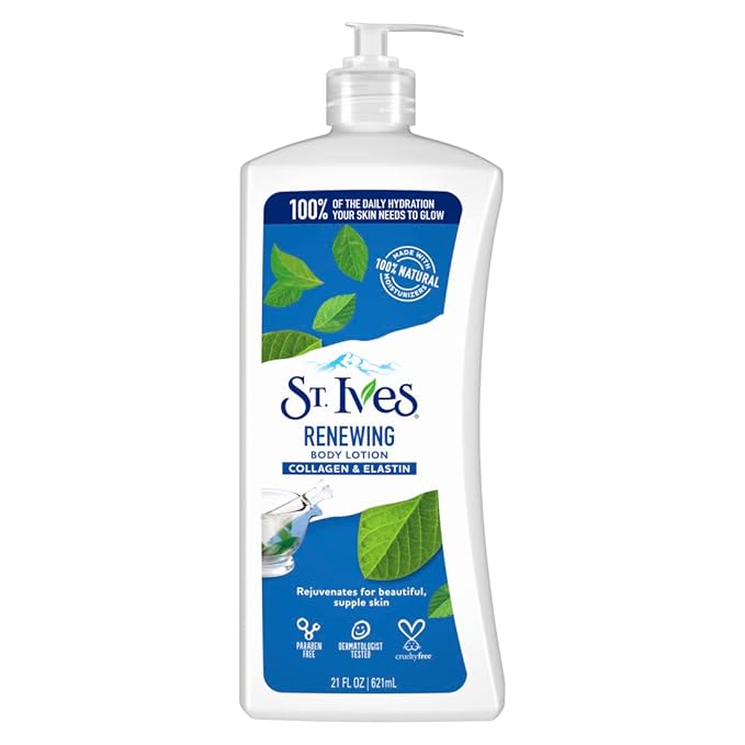 St. Ives Renewing Hand & Body Lotion for Women with Pump, Daily Moisturizer Collagen Elastin for Dry Skin, Made with 100% Natural Moisturizers, 21 fl oz, 4 Count (Pack of 2)