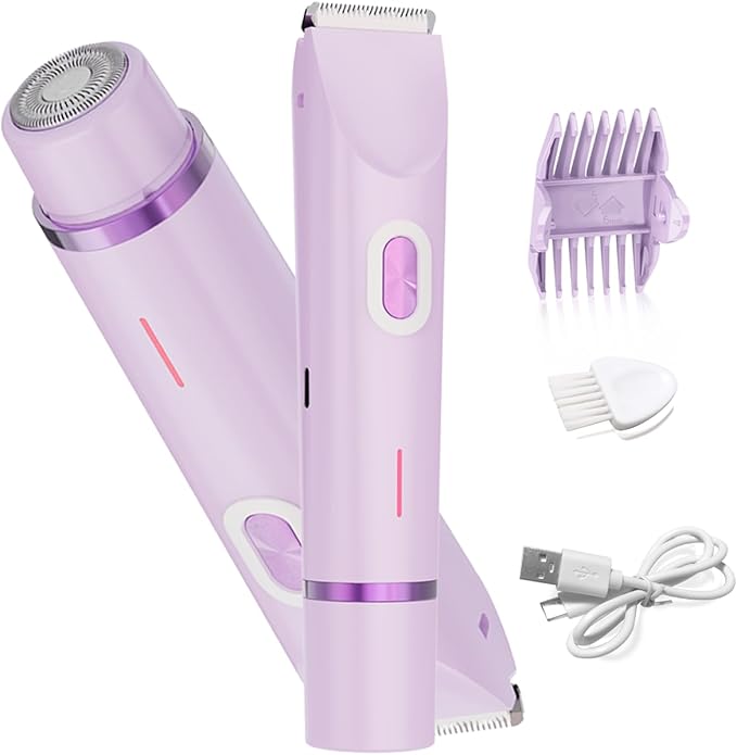 Electric Shaver for Women, 2-in-1 Electric Razor for Womens Legs Underarm Face Pubic Hairs, Rechargeable Razor Body Hair Trimmer Wet & Dry Use,Light Blue