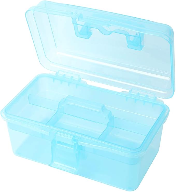 BangQiao Multipurpose Plastic Art and Craft Supply Storage Container Bin Case with Removable Tray and Handle, First Aid Box Organizer, Clear&Blue
