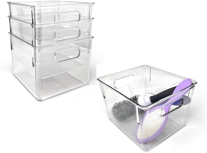 4-Pack Clear Plastic Storage Bins with Handles (8.7"x7.5"x6") – Compact Organizers for Fridge, Freezer & Pantry – Non-Slip Food Safe Containers for Snacks, Yogurt, Spices, Makeup & Office Supplies