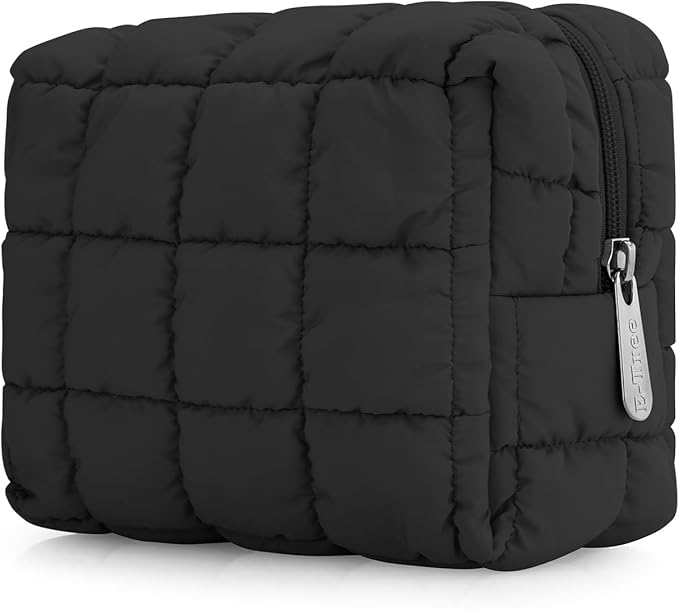 E-Tree Cute Makeup Bag,Quilted Cosmetic Bag,Make up Pouch for Purse,Toiletry Zipper Pouch,Checkered Bag,Travel Case,Storage Pouches for Organization (Black)