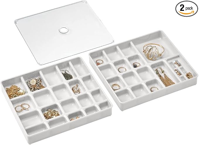 mDesign Stackable Plastic Storage Jewelry Box - 2 Organizer Trays with Lid for Drawer, Dresser, Vanity - Holds Necklaces, Bracelets, Bangles, Rings, Earrings - 3 Pieces - Light Gray/Clear