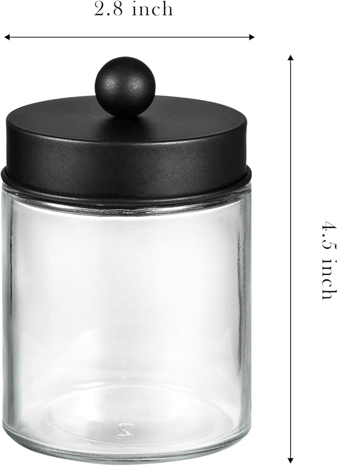 SheeChung 2-Pack Qtip Holder Dispenser - Glass Apothecary Jars with Rust-Proof Stainless Steel Lids - Modern Luxury Farmhouse Bathroom Vanity Organizer for Cotton Swabs, Balls, Pads(Black&Gold)