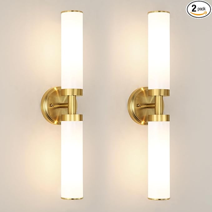 Antique Gold Wall Sconces Set of 2, Modern Bathroom Vanity Lights for Mirror, Wall Light Fixtures with Milk Glass for Bathroom, Bedroom, Hallway, E26 Base, Bulbs Required, 22.05 Inch