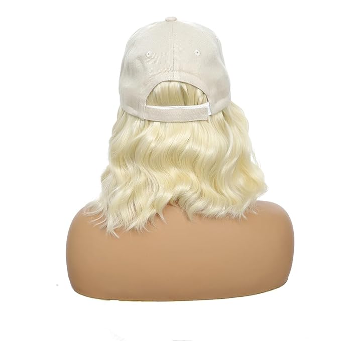 GUOJIAN Hat Wigs for Women 6' Short Wave Baseball Cap Wigs with Curly Hair Extensions Synthetic Wave Wig Adjustable Hat with Hair Attached for Daily Use (W60, 6inch)