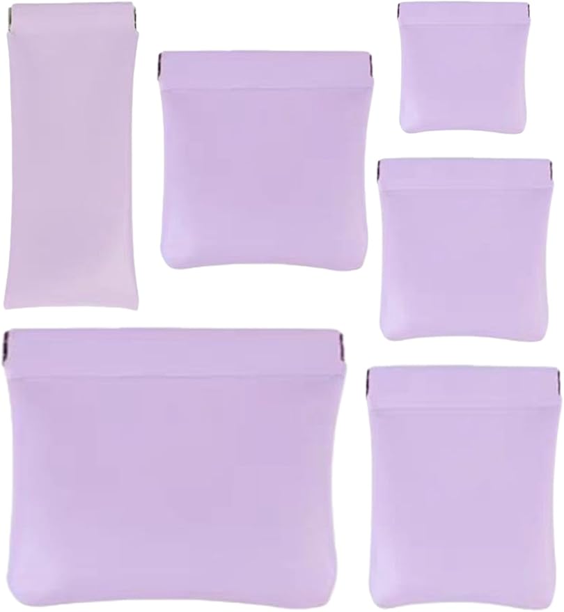 6 Pcs Small Makeup Bag for Purse, Snap Closure Organizer Pouch, Portable No Zipper Self-Closing Pouches for Travel Storage Bag Mini Pu Leather Pouches For Cosmetics Headphones Jewelry (Purple)