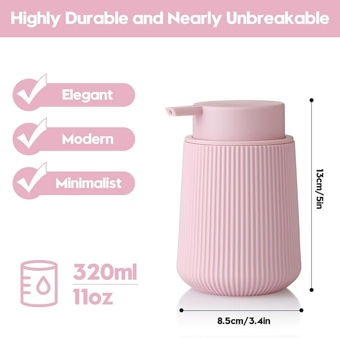 Striped Liquid Hand Soap Dispenser with Leak-Proof Pump for Bathroom and Kitchen Countertop 11 oz Pink