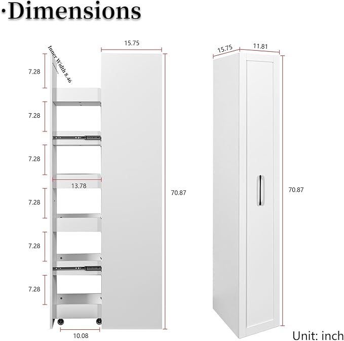 JOYSOURCE Tall Narrow Pull-Out Storage Shelf with Wheels 6-Tier Slim Rolling Storage Next to Fridge Spice Rack Shelves for Small Spaces, Kitchen, Laundry Room, White