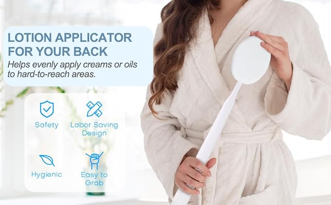 Lotion Applicator for Back, Feet & Legs, Long Plastic Handle Moisturizer Cream, Self Tanning, Sunscreen, Ointment, Medicine Back Applicator for Elderly, Men or Women with 3 Washable Pads (White)