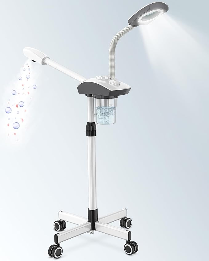 Kingsteam Professional 2-in-1 Facial Steamer with 5X Magnifying Lamp, Salon Grade Hot Mist Esthetician Device, Adjustable Timer, 2 Steam Levels, 3-Level LED Light, White