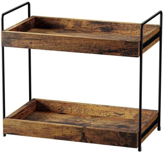 2 Tier Bathroom Counter Organizer Wood Bathroom Storage Shelf Spice Rack for Kitchen Countertop Vanity Tray Makeup Storage Coffee Station Organizer-Rustic Brown