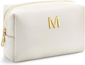Kigeli Initial Makeup Bag for Women Beige Leather Easter Basket Gifts Monogram Cosmetic Bag Small Travel Toiletry Pouch Wedding Birthday Graduation Bridesmaid Gifts for Teen Girls Women Teachers(M)