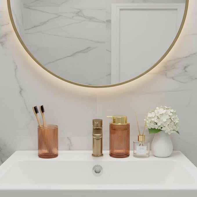 Foaming Soap Dispenser, 12 Oz Thick Glass Foam Hand Soap Dispenser, Refillable Glass Foam Pump Bottle Container Decorative Slim Ribbed Bottle for Bathroom and Kitchen (1, Brown Gold)