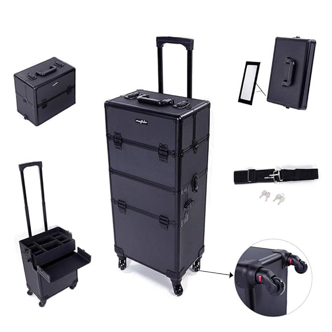 mefeir 2 in 1 Rolling Makeup Train Case Professional Cosmetic trolley on Wheels Aluminum Nail Cart Cosmetic Suitcase for professional makeup artist, Luggage Lockable w/4 Removable Wheels (Black)