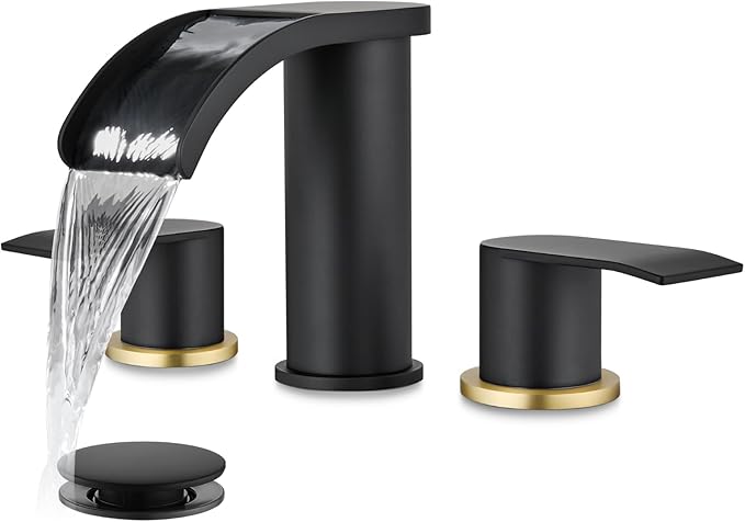 gotonovo Waterfall 8 inch Widespread Bathroom Faucet Set Bathroom Sink Faucet 3 Hole 2 Handle Vanity Lavatory Deck Mount with Pop Up Drain and Water Supply Lines Round Body Matte Black & Brushed Gold