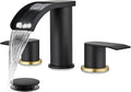 gotonovo Waterfall 8 inch Widespread Bathroom Faucet Set Bathroom Sink Faucet 3 Hole 2 Handle Vanity Lavatory Deck Mount with Pop Up Drain and Water Supply Lines Round Body Matte Black & Brushed Gold