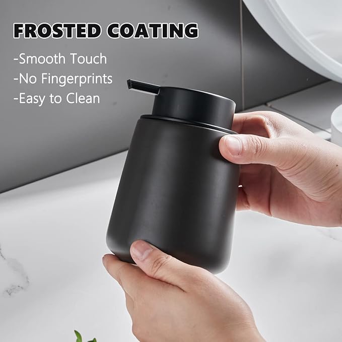 12Oz Black Soap Dispenser Set - Ceramic Lotion Hand Soap Dispenser Set with Easy-to-Press Black Pump, Refillable Mordern Liquid Dish Soap Dispensers for Bathroom & Kitchen, 2 Pack