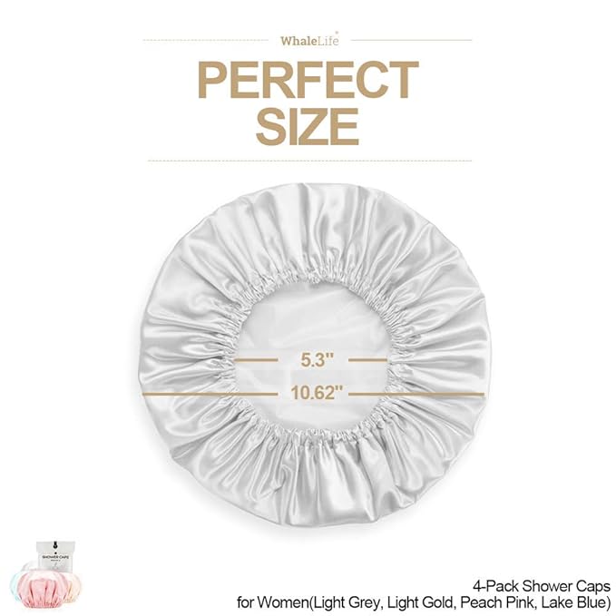 Shower Cap for Women Reusable Extra Large Shower Caps for Men Satin Double Layer EVA Waterproof Long Hair Caps(Light Grey, Light Gold, Peach Pink, Lake Blue 4 Pack)