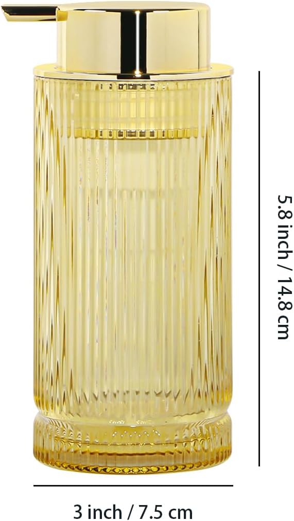 14 Oz Foaming Soap Dispenser, Amber Glass Soap Dispenser, Refillable Foam Pump Bottle Lotion Container with Gold Pump, Decorative Slim Ribbed Bottle for Bathroom and Kitchen Decor