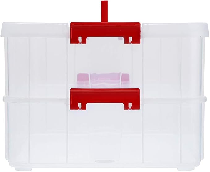 BTSKY 2 Layer Stack & Carry Box, Plastic Multipurpose Portable Storage Container Box Handled Organizer Storage Box for Organizing Stationery, Sewing, Art Craft, Jewelry and Beauty Supplies(Red)