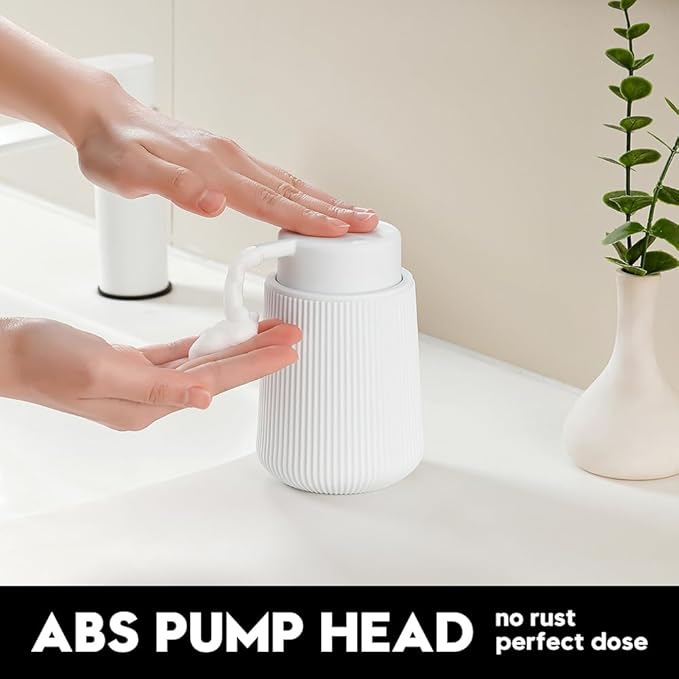 Striped Foaming Hand Soap Dispenser with Leak-Proof Pump for Bathroom and Kitchen Countertop 11oz White