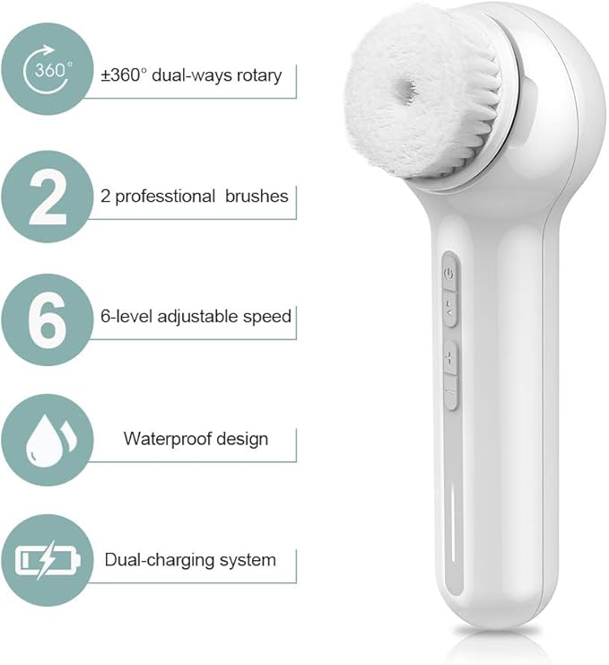Face Scrubber Exfoliator, TOUCHBeauty Upgraded Rechargeable Electric Facial Cleansing Brushes with 3 Brush Heads,360° Spin Rotation for Exfoliating, Massaging and Deep Cleansing, Waterproof