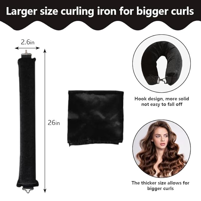 Heatless Curls Overnight Set of 3 with 1 Scarf - Heatless Hair Curler, Overnight Blowout Rods for Blowout Look Long Hair (Black)