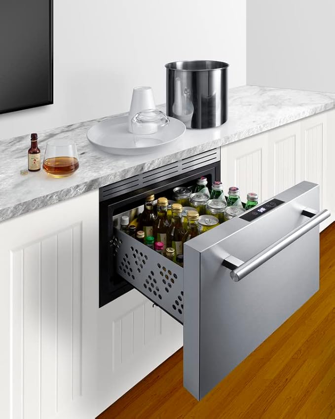Summit 18” Drawer Cooler, Drawer Wine Cellar, Beverage Center, 0.8 cu.ft. Capacity, Stainless Steel, Panel Ready Capable*- COOL1D (*Panels not included)