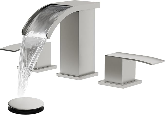 gotonovo Waterfall 8 inch Widespread Bathroom Faucet Set Bathroom Sink Faucet 3 Hole 2 Handle Vanity Lavatory Deck Mount with Pop Up Drain and Water Supply Lines Square Body Brushed Nickel