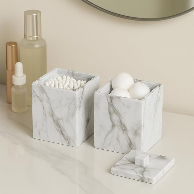 Jung Ford 2-Pack Marble Pattern Cotton Swab Holders with Lids, Resin Bathroom Vanity Storage Jars, Square Qtip Containers for Cotton Balls, Pads, and More (White)