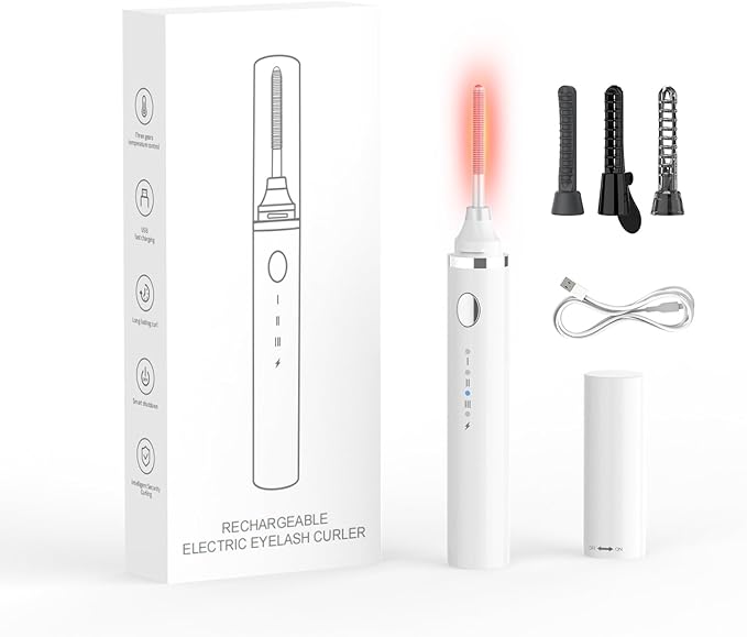 Smiling Shark Heated Eyelash Curler, 360°Wand-Style Heated Eyelash Curler Comb with 3 Brush Heads & 3 Temp & 5s Fast Heating【Lengthen/Define/Curler】 3-in-1 Lash Curler for All Types of Lashes
