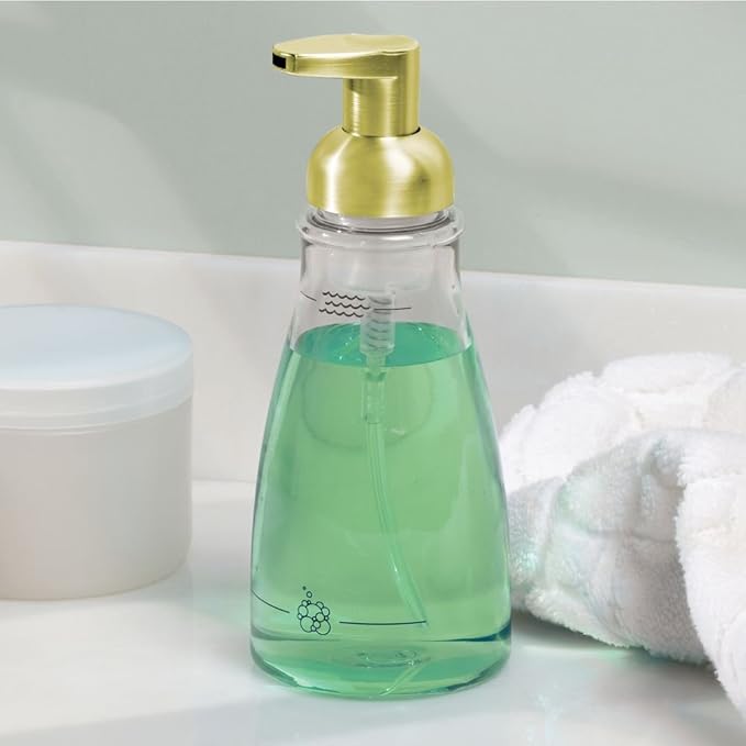 InterDesign Foaming Soap Dispenser Pump, for Kitchen or Bathroom Vanities - Clear/Gold Brass